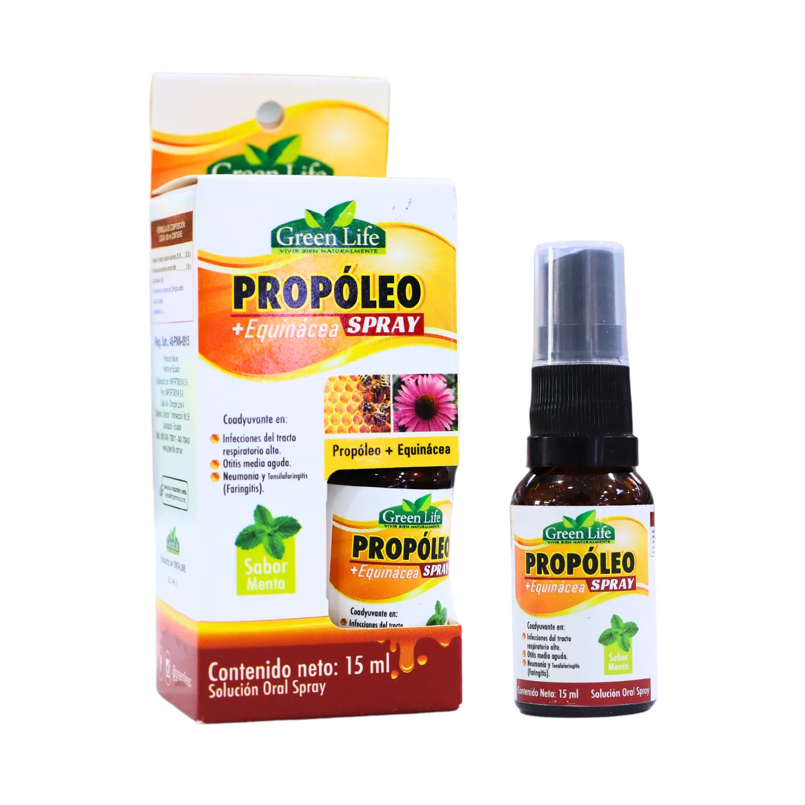 Presentación de PROPOLEO + EQUINACEA SPRAY SABOR A MENTA 15 ML – GREEN LIFE