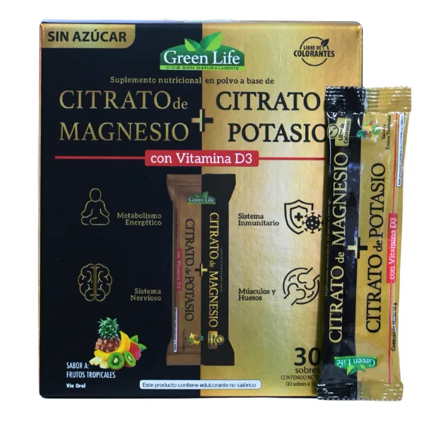 Presentación de CITRATO DE MAGNESIO + POTASIO + 30 SOBRES – GREEN LIFE