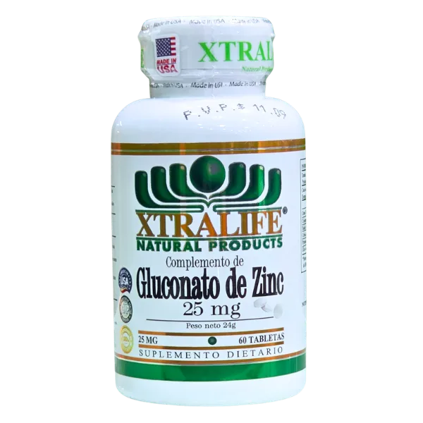 Presentación de GLUCONATO DE ZINC 25 MG + 60 TAB – XTRALIFE