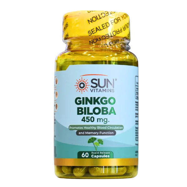 Presentación de GINKGO BILOBA 450 MG + 60 CAP – SUN VITAMINS