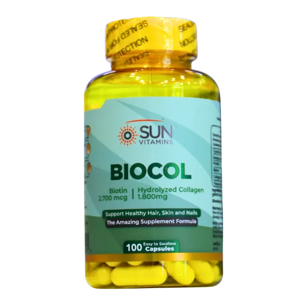 Presentación de BIOCOL BIOTINA + COLÁGENO HIDROLIZADO + 100 CAP – SUN VITAMINS